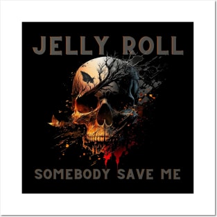 Jelly Roll "Somebody Save Me'" Skull Shirt Gray and Orange Letters Posters and Art